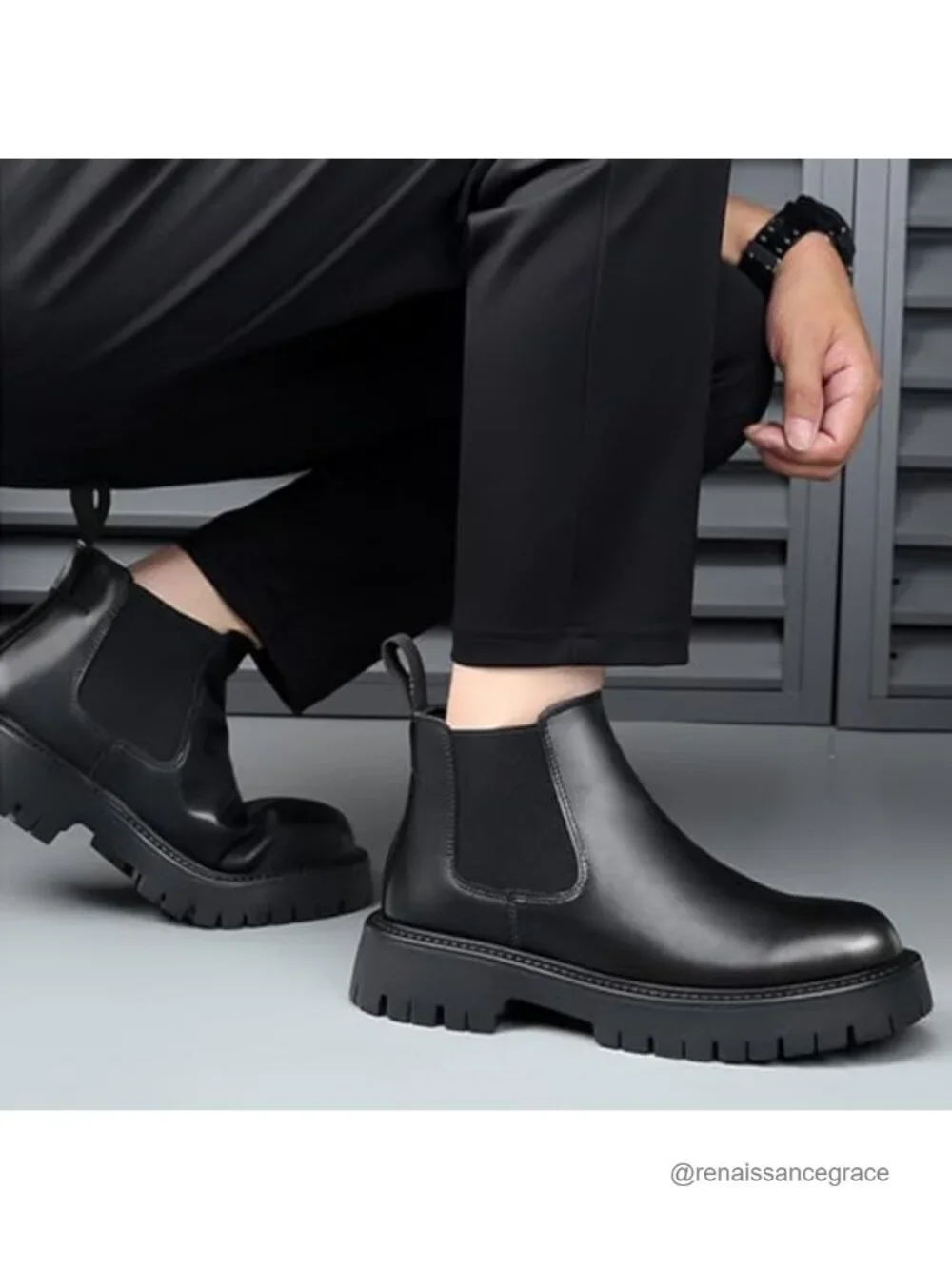 Men's Genuine Leather Chunky Platform Chelsea Lug Sole Slip-On Boots